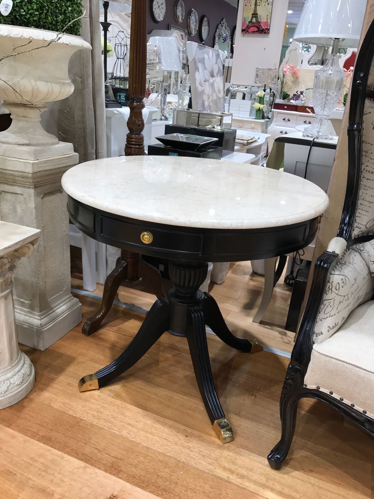 Drum Card Table, Black and Marble Top